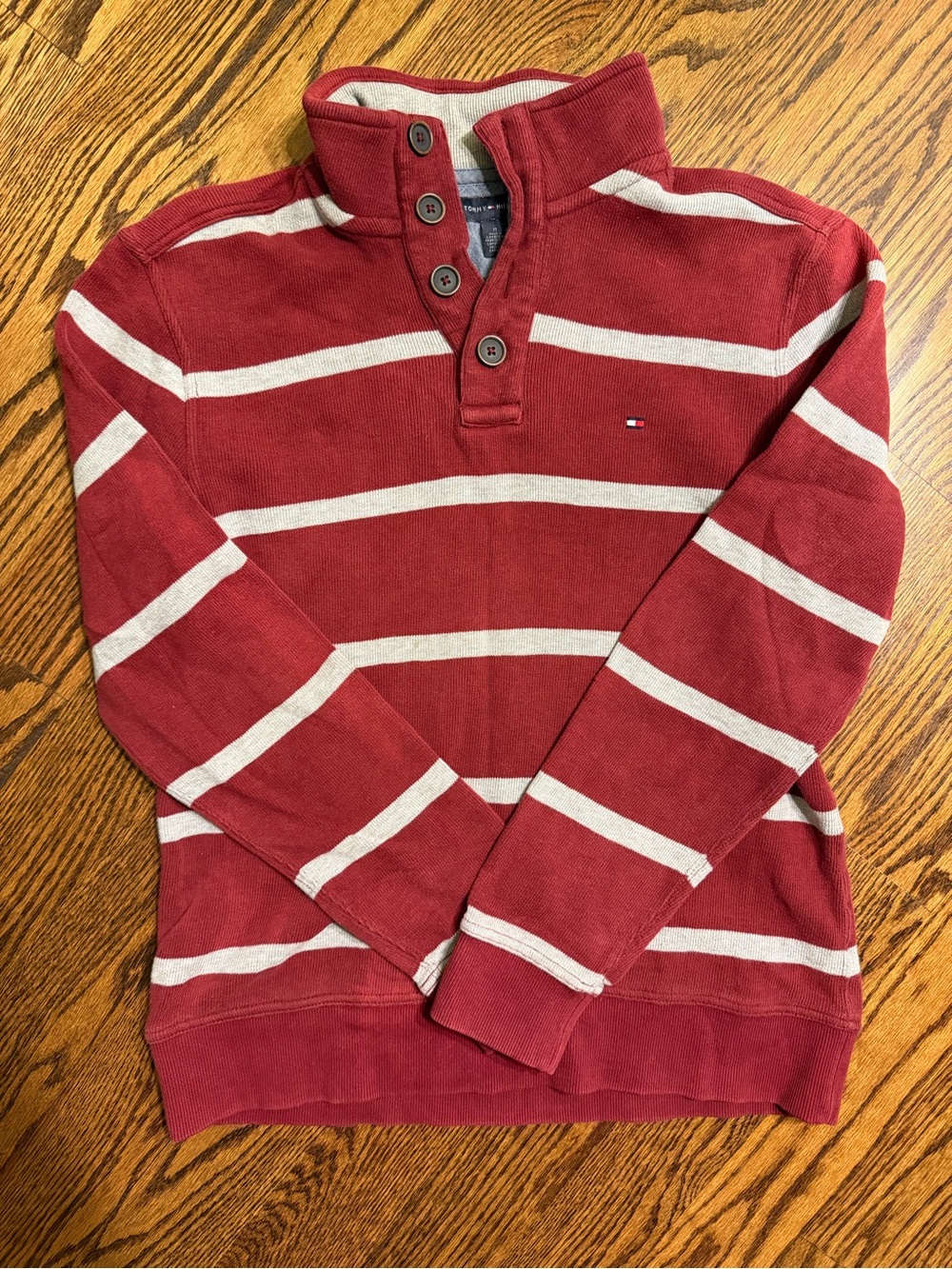 Tommy Hilfiger Burgundy Academia Preppy Striped Mock Neck Cotton Button Pullover